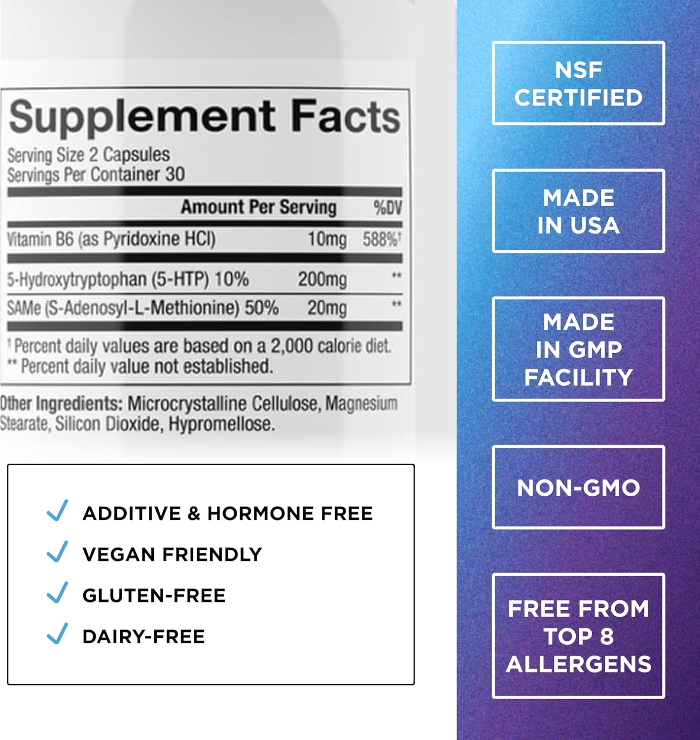 5-HTP PLUS 200 MG 60 CAPSULAS + VITAMINA B6 10 MG + SAMe 20 MG VEGANO DR EMIL NUTRITION