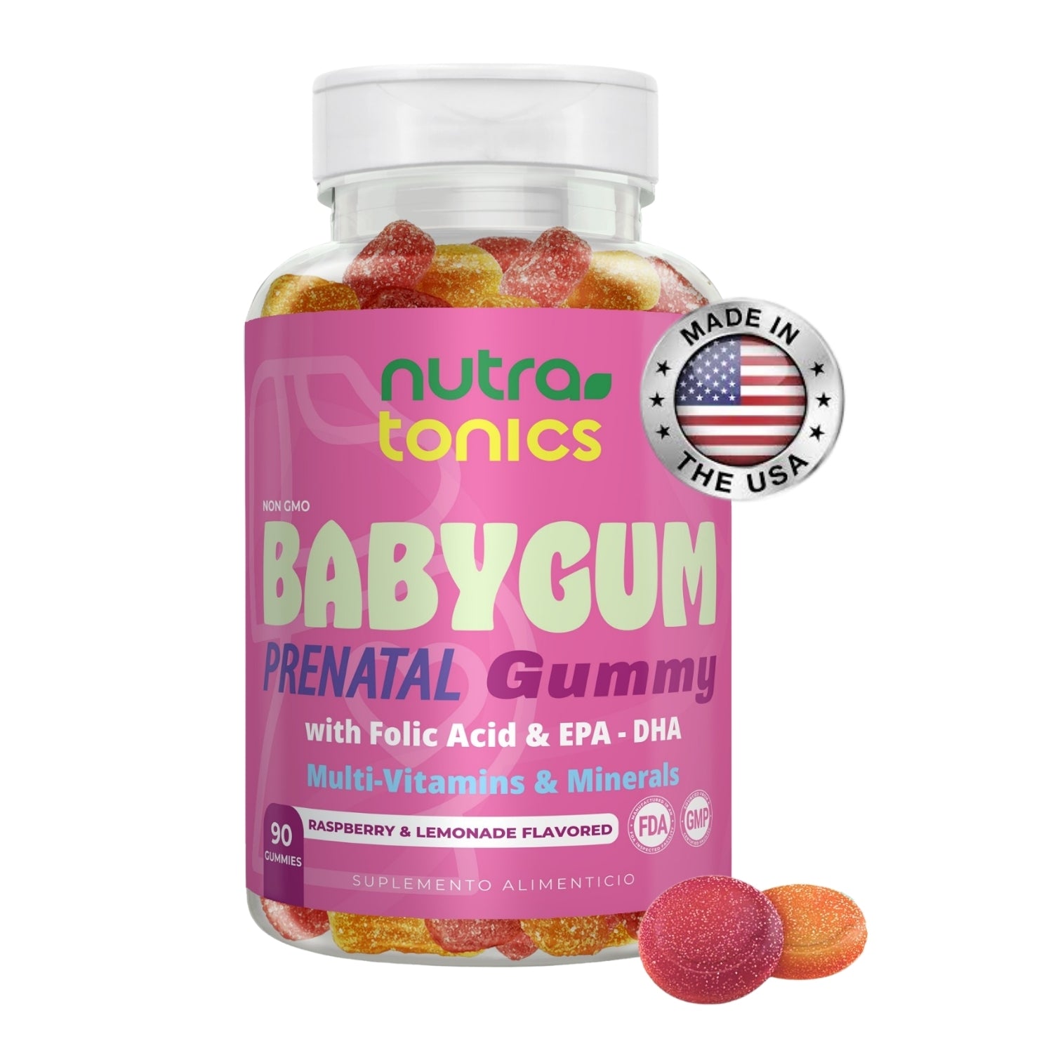 ÁCIDO FÓLICO 300 MCG + DHA PRENTAL BABYGUM 90 GOMITAS NUTRATONICS – MULTIVITAMINICO PARA MUJERES Y MADRES NO GMO, SIN GLUTEN