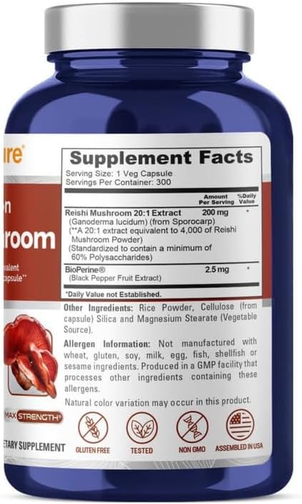 HONGO REISHI 4000 MG 300 CÁPSULAS VEGANO NO GMO NUSAPURE