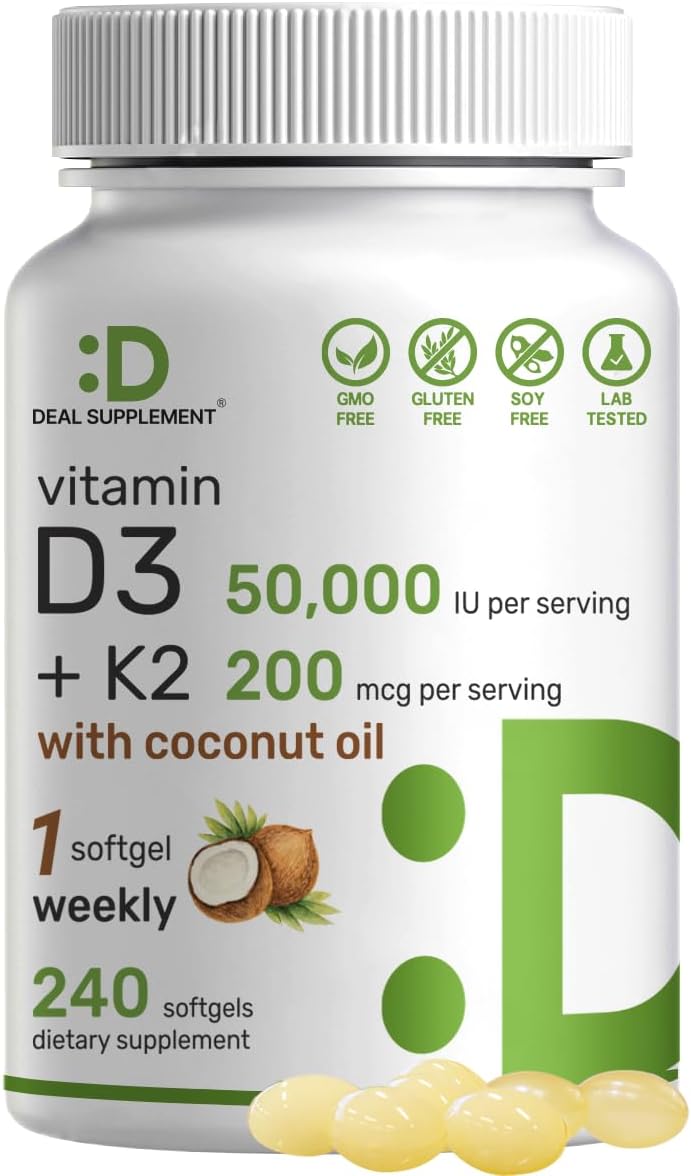 VITAMINA D3 K2 CON ACEITE DE COCO DEAL 50000IU 200 MCG 240 CÁPSULAS BLANDAS NO GMO DEAL COCONUT OIL