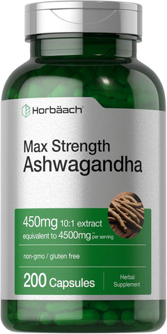 ASHWAGANDHA 4,500 MG + EXTRACTO DE PIMIENTA NEGRA 18 MG HORBAACH 200 CAPSULAS SIN GMO