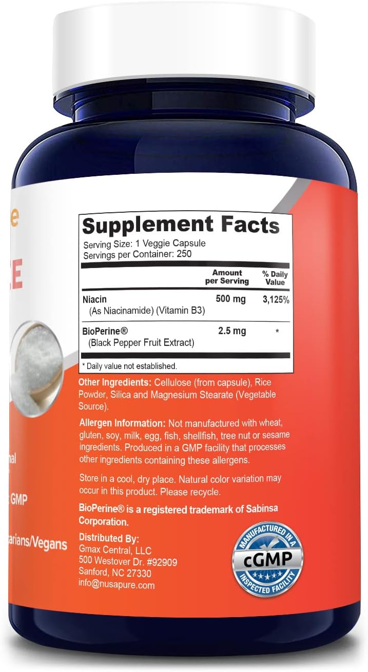 NIACINA FLUSH FREE VITAMINA B3 NUSAPURE 500 MG 250 CAPSULAS VEGETALES SIN GMO