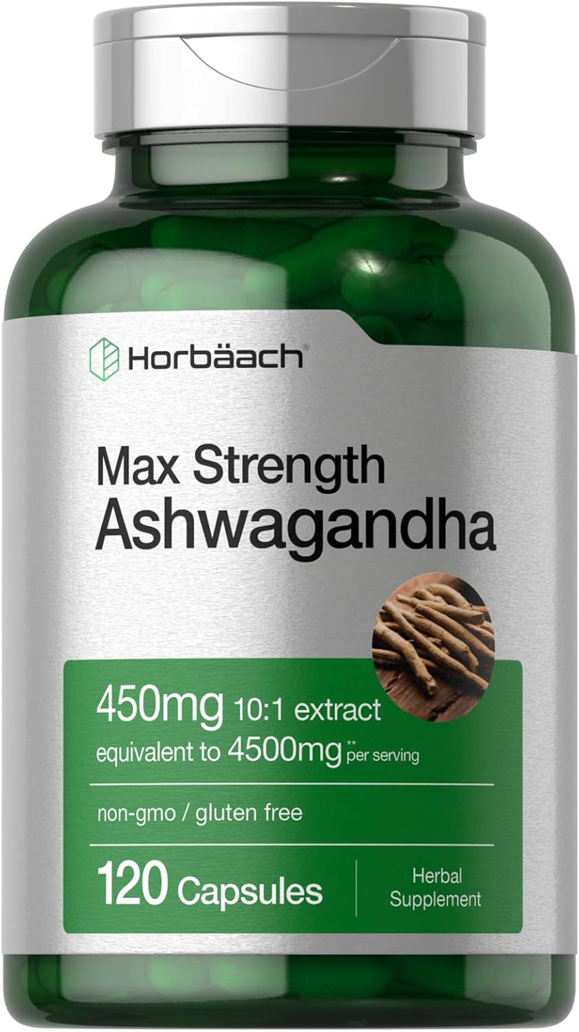 ASHWAGANDHA 4,500 MG + EXTRACTO DE PIMIENTA NEGRA 18 MG HORBAACH 120 CAPSULAS SIN GMO BLACK PEPPER EXTRACT