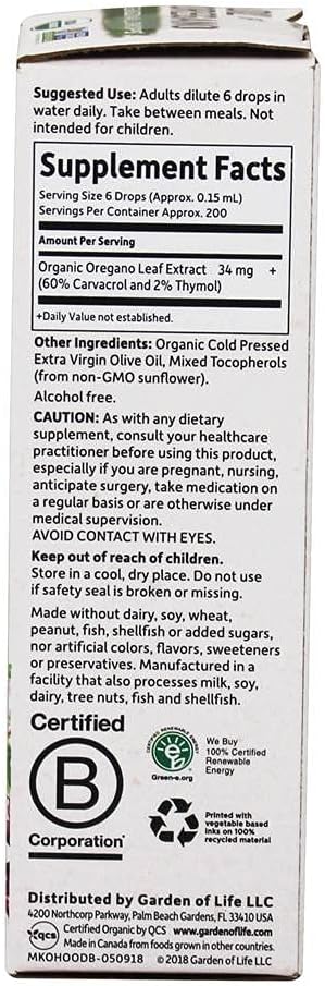 ACEITE DE OREGANO 34 MG 30 ML SIN GMO VEGANO GARDEN OF LIFE