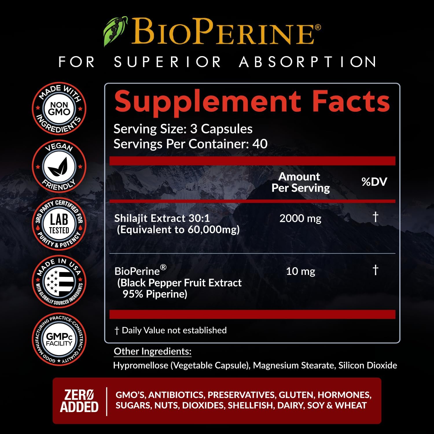 SHILAJIT + BIOPERINA 60,000 MG 120 CÁPSULAS RAINBOW NUTRIENTS