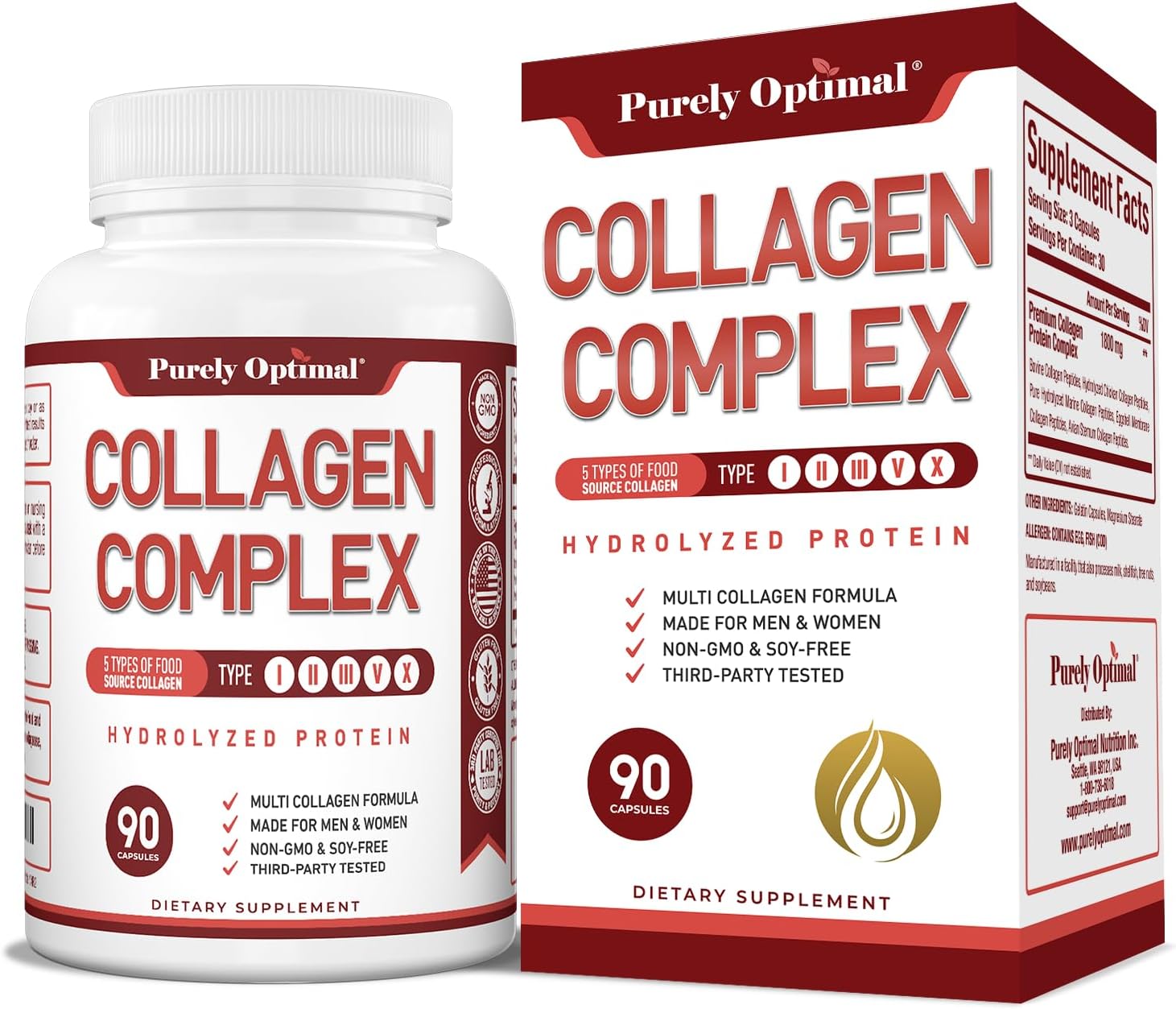 COLÁGENO HIDROLIZADO COMPLEX 5 TIPOS 1800 MG 90 CÁPSULAS NO GMO PURELY OPTIMAL