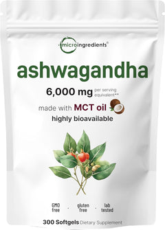 ASHWAGANDHA 6000 MG MICROINGREDIENTS 300 CAPSULAS BLANDAS NO GMO SIN GLUTEN