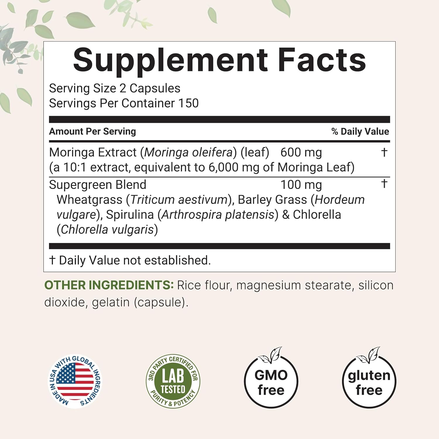 MORINGA 6000 MG MICROINGREDIENTS 300 CAPSULAS NO GMO