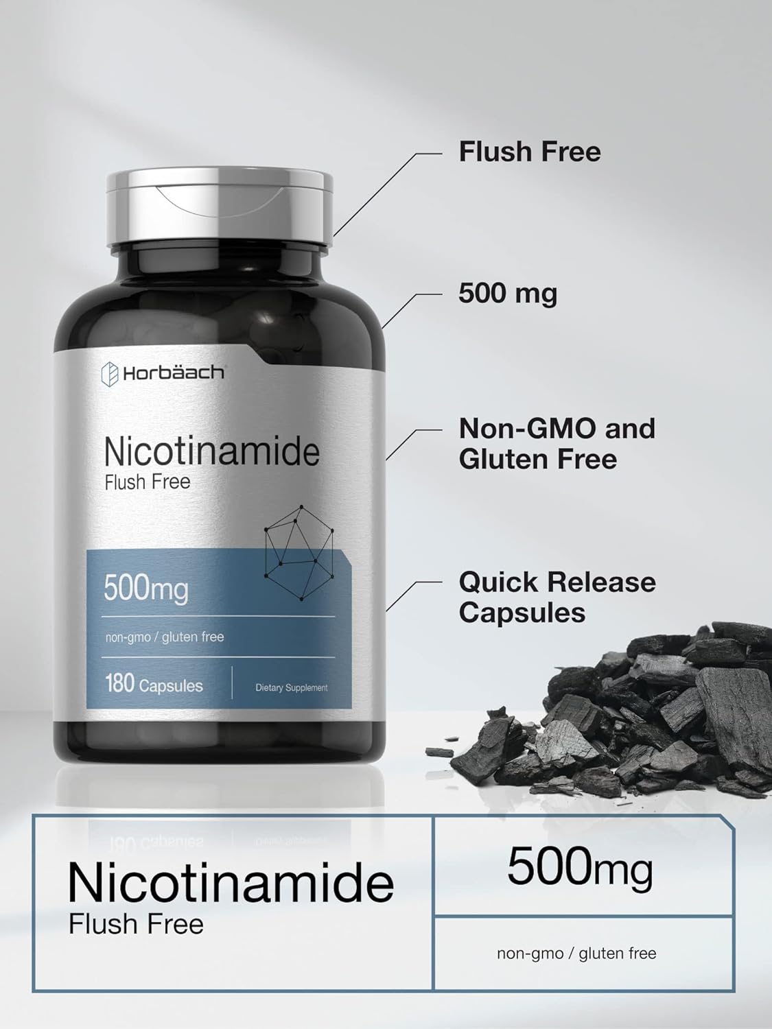 NICOTINAMIDA FLUSH FREE HORBAACH 500 MG 180 CAPSULAS SIN GMO NICOTINAMIDE