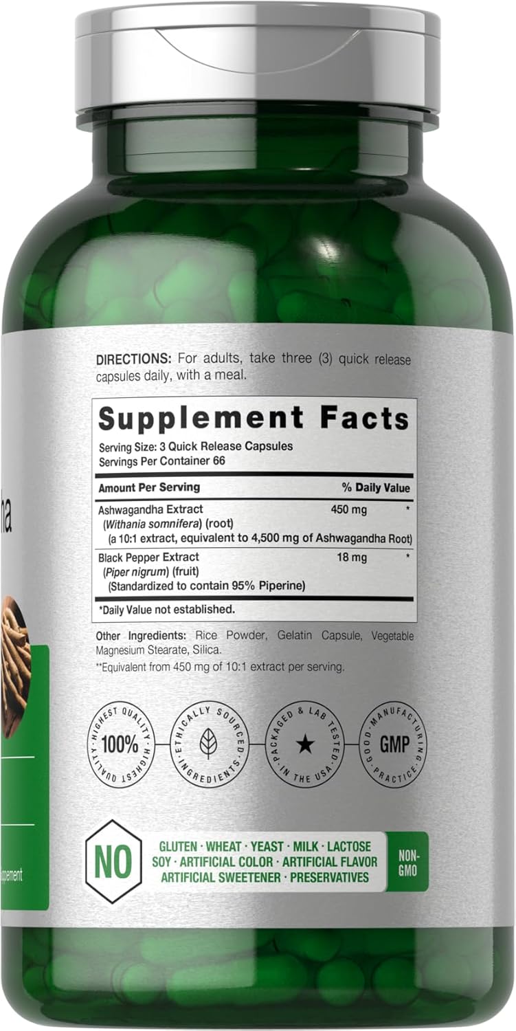 ASHWAGANDHA 4,500 MG + EXTRACTO DE PIMIENTA NEGRA 18 MG HORBAACH 200 CAPSULAS SIN GMO