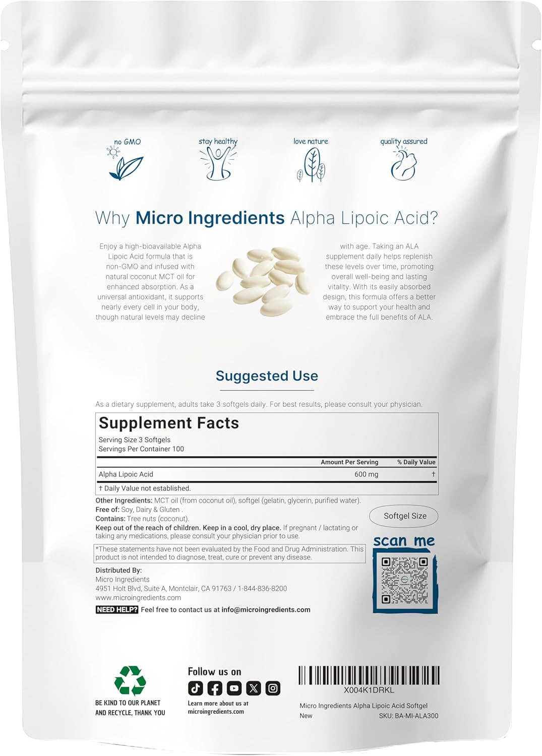 ACIDO ALFA LIPOICO 600 MG MICROINGREDIENTS 300 CAPSULAS BLANDAS NO GMO