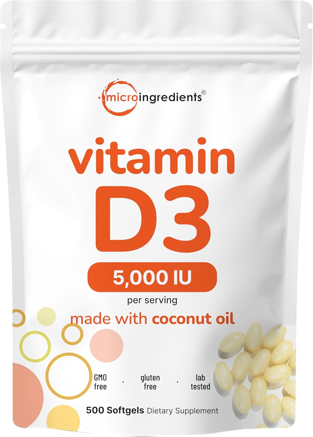 VITAMINA D3 5000 IU MICROINGREDIENTS 500 CAPSULAS CON ACEITE DE COCO NO GMO