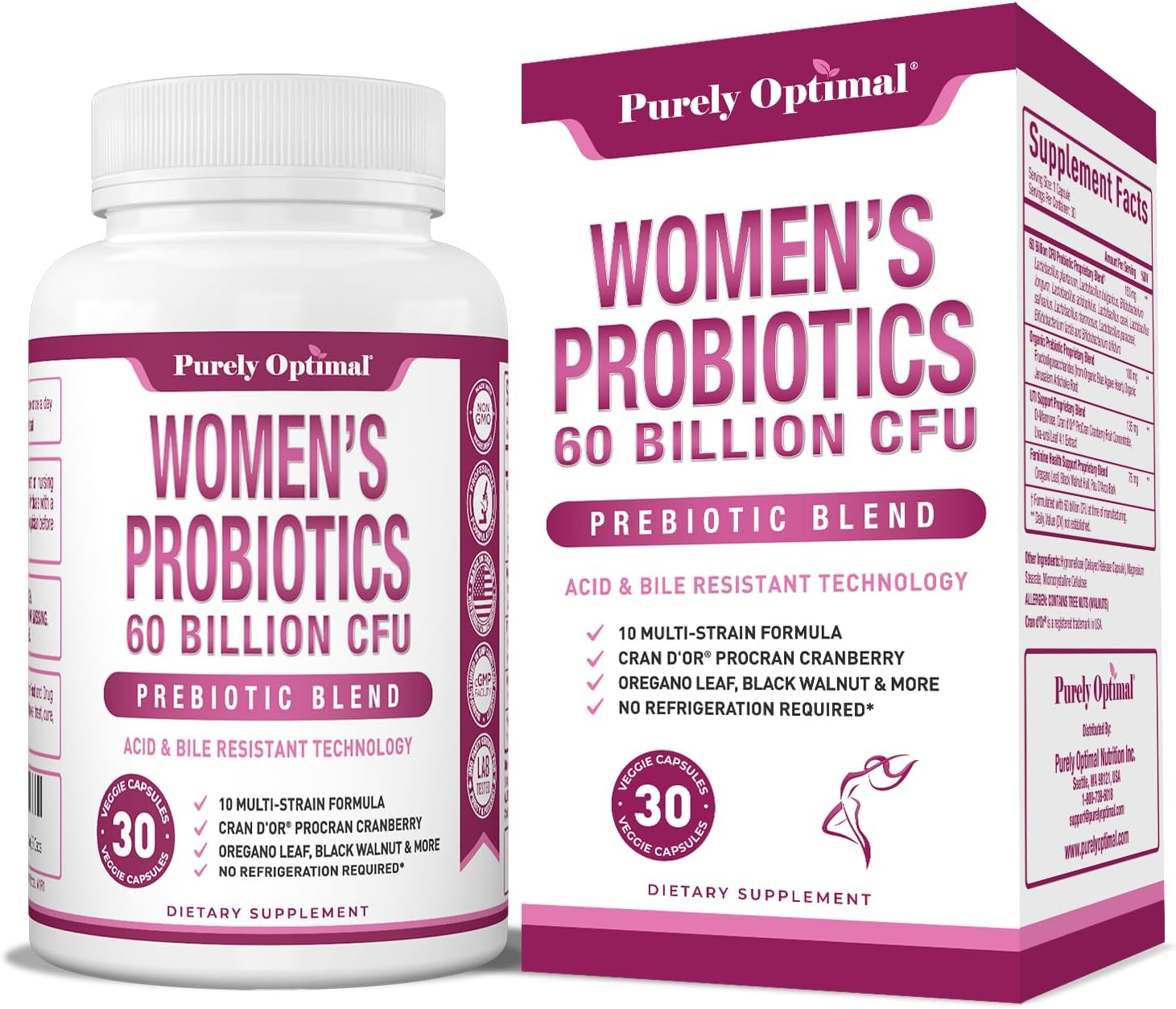 PROBIÓTICOS PARA MUJERES 60 BILLONES CFU 10 STRAINS 30 CÁPSULAS NO GMO PURELY OPTIMAL