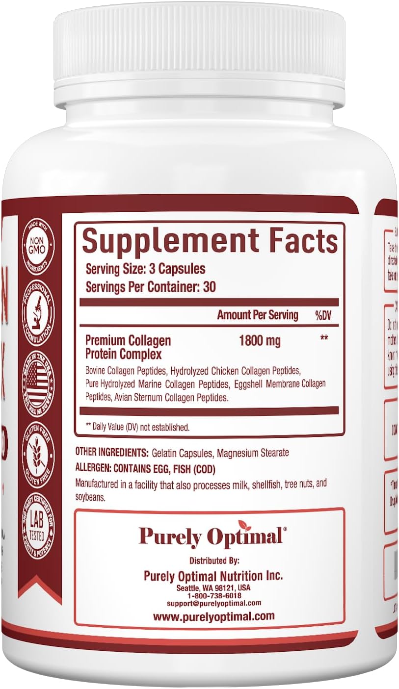 COLÁGENO HIDROLIZADO COMPLEX 5 TIPOS 1800 MG 90 CÁPSULAS NO GMO PURELY OPTIMAL
