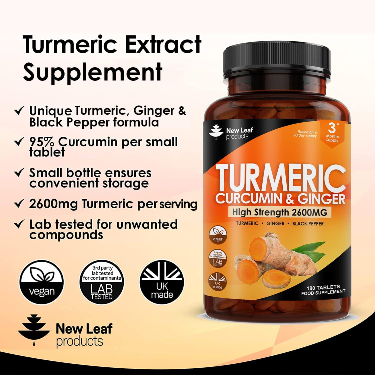 CURCUMA CON JENGIBRE 2,600 MG 180TABLETAS NEW LEAF TURMERIC WITH SYRINGE