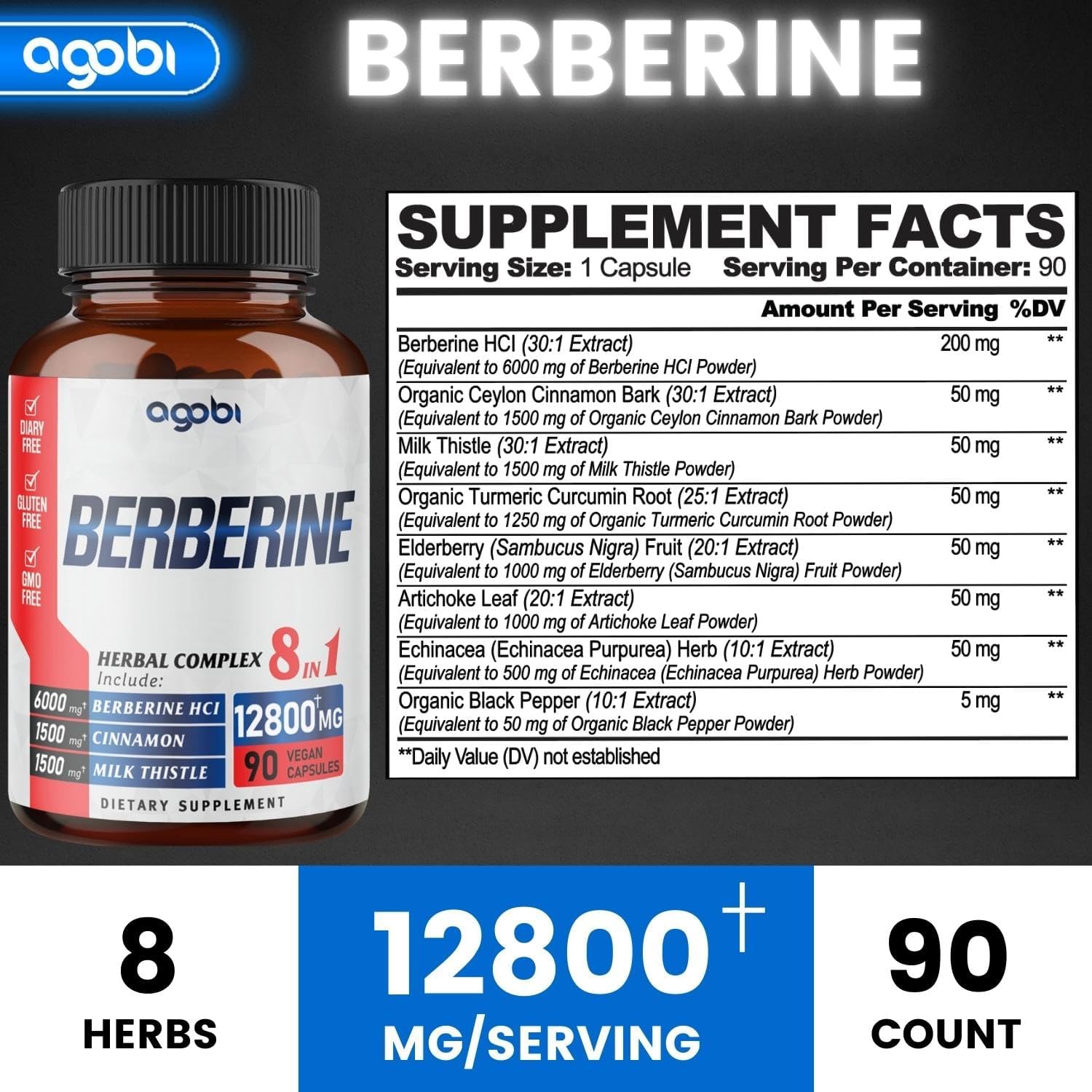 BERBERINA COMPLEX 8 EN 1 MILK THISTLE 1500 MG Y CANELA DE CEILAN 1500 MG 90 CAPSULAS SIN GMO AGOBI