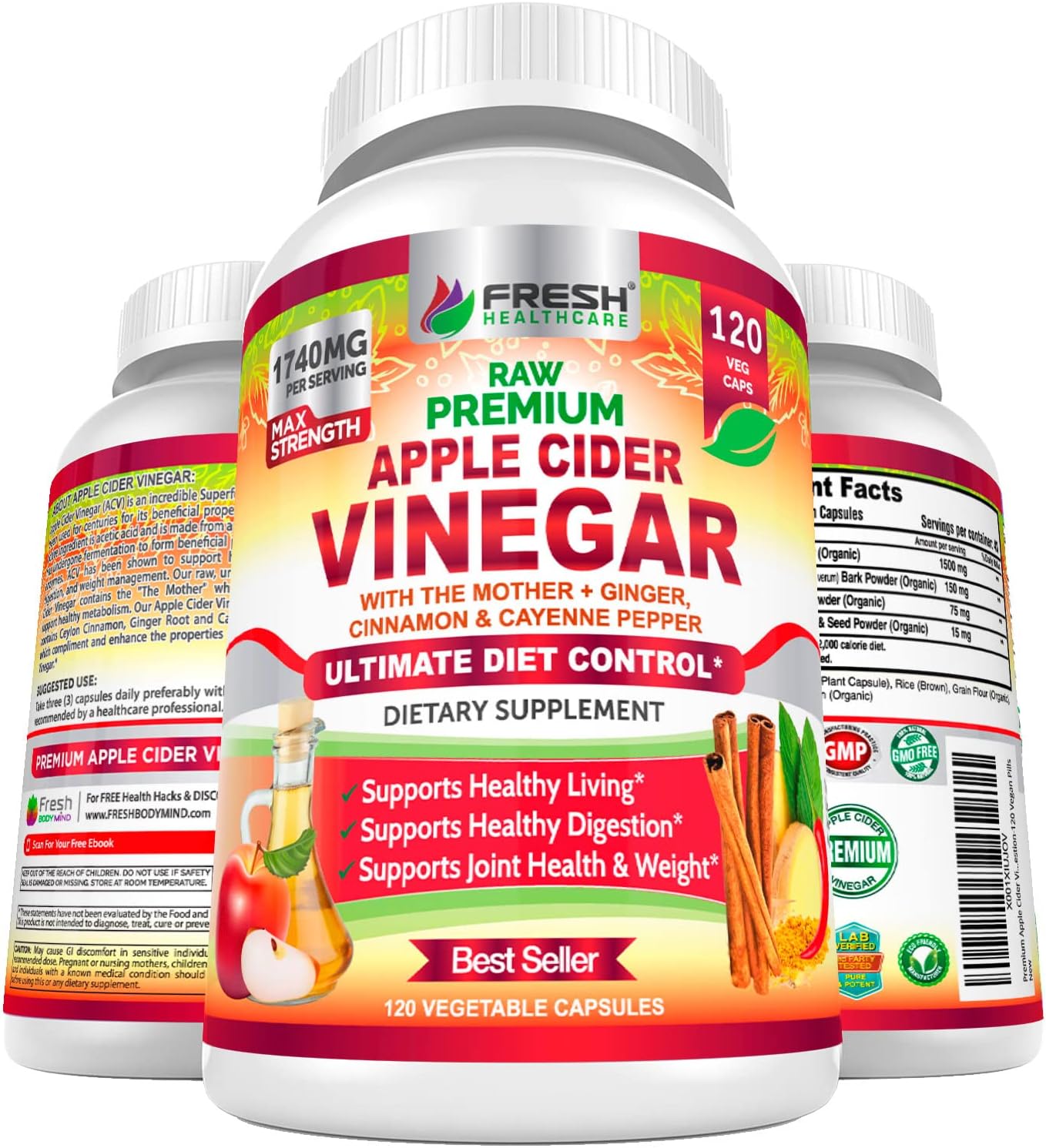 VINAGRE DE MANZANA 1740 MG 120 CAPSULAS VEGANO FRESH HEALTHCARE APPLE CIDER VINEGAR