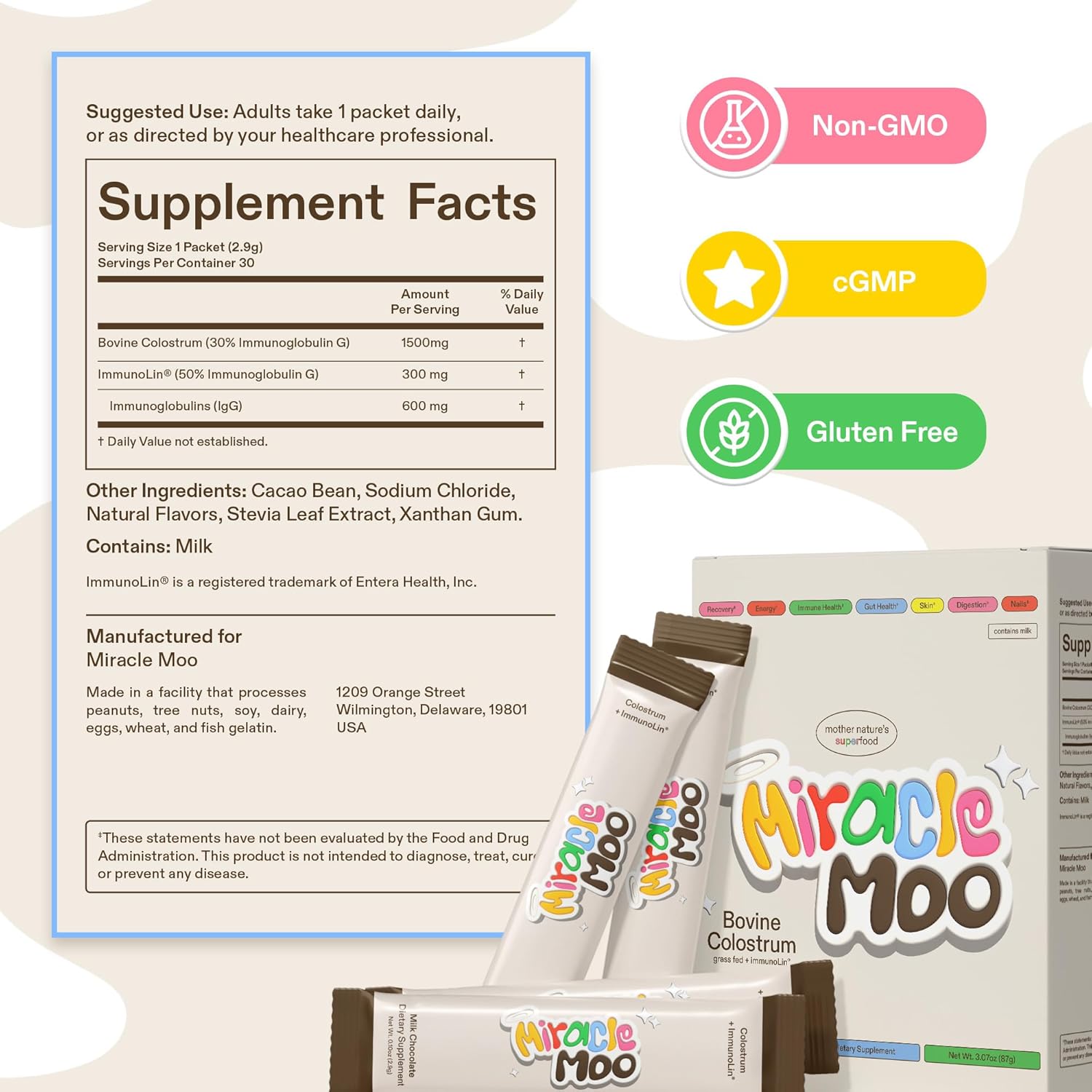 COLOSTRUM CALOSTRO DE BOVINO 2400 MG 87 GR 30 PORCIONES NO GMO MIRACLE MOO