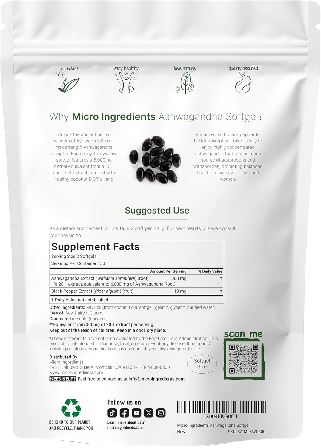 ASHWAGANDHA 6000 MG MICROINGREDIENTS 300 CAPSULAS BLANDAS NO GMO SIN GLUTEN