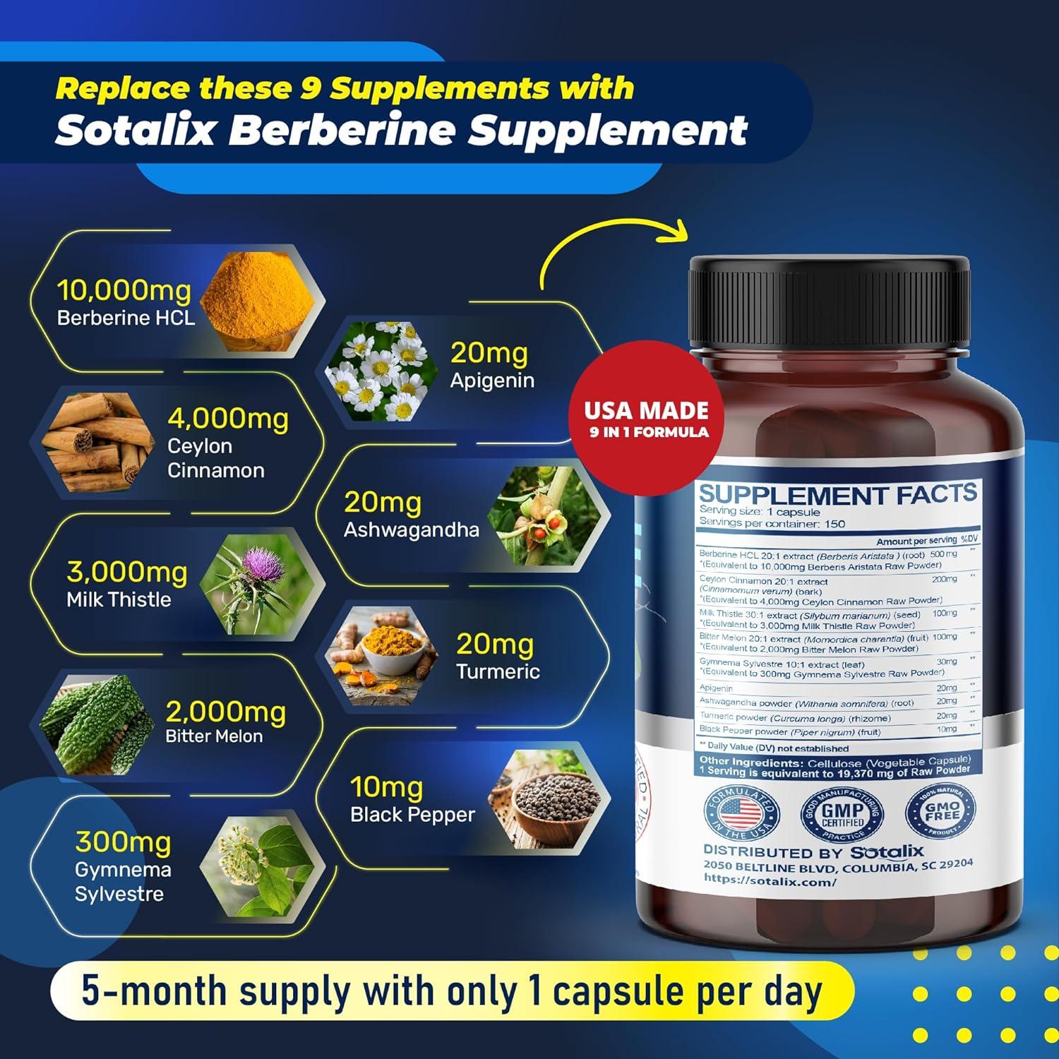 BERBERINA COMPLEJO  9 EN 1 ASHWAGANDHA 20 MG CON CARDO MARIANO (MILK THISTLE) 3000 MG 150 CAPSULAS SIN GMO SOTALIX