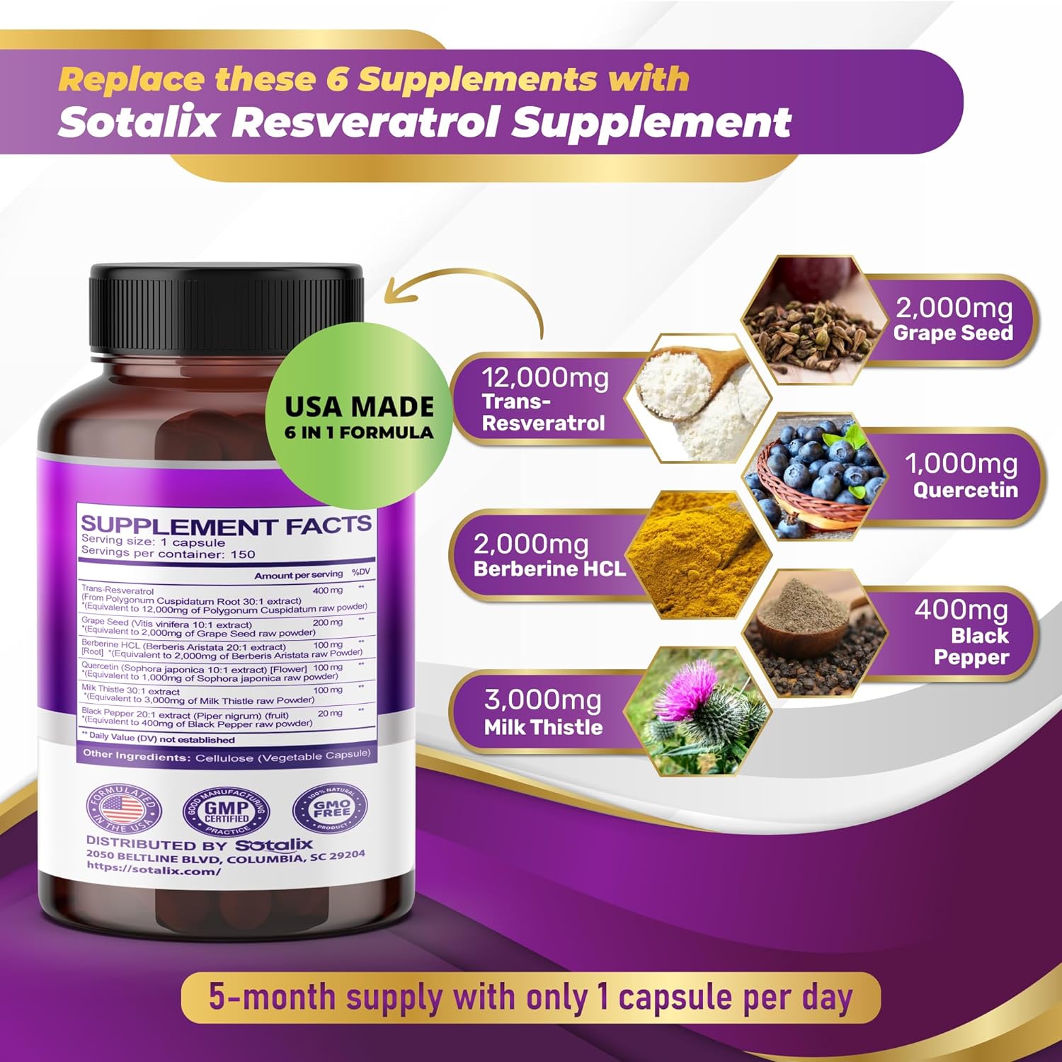 RESVERATROL COMPLEX 24,000 MG + QUERCETINA 1000 MG 150 CAPSULAS SIN GMO SOTALIX