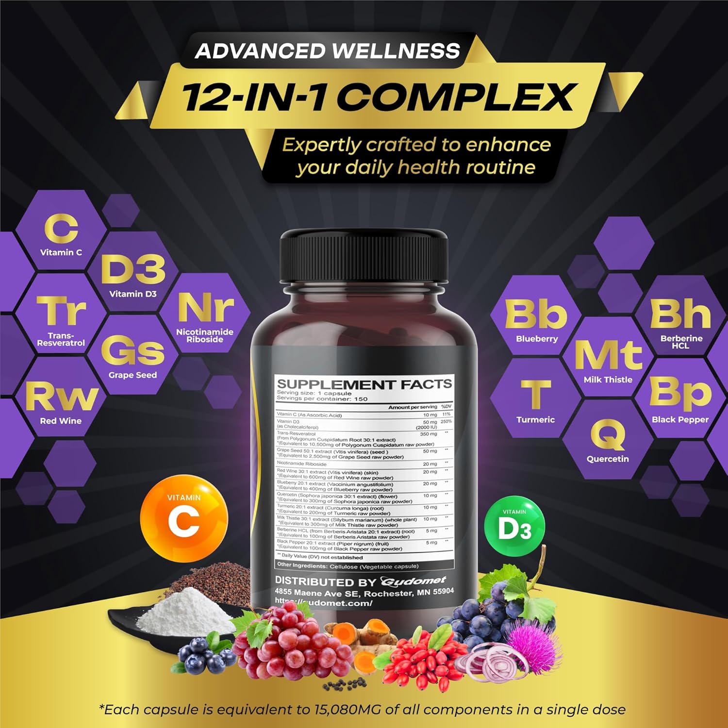 RESVERATROL COMPLEX 12 EN 1 GUDOMET 150 CÁPSULAS NO GMO