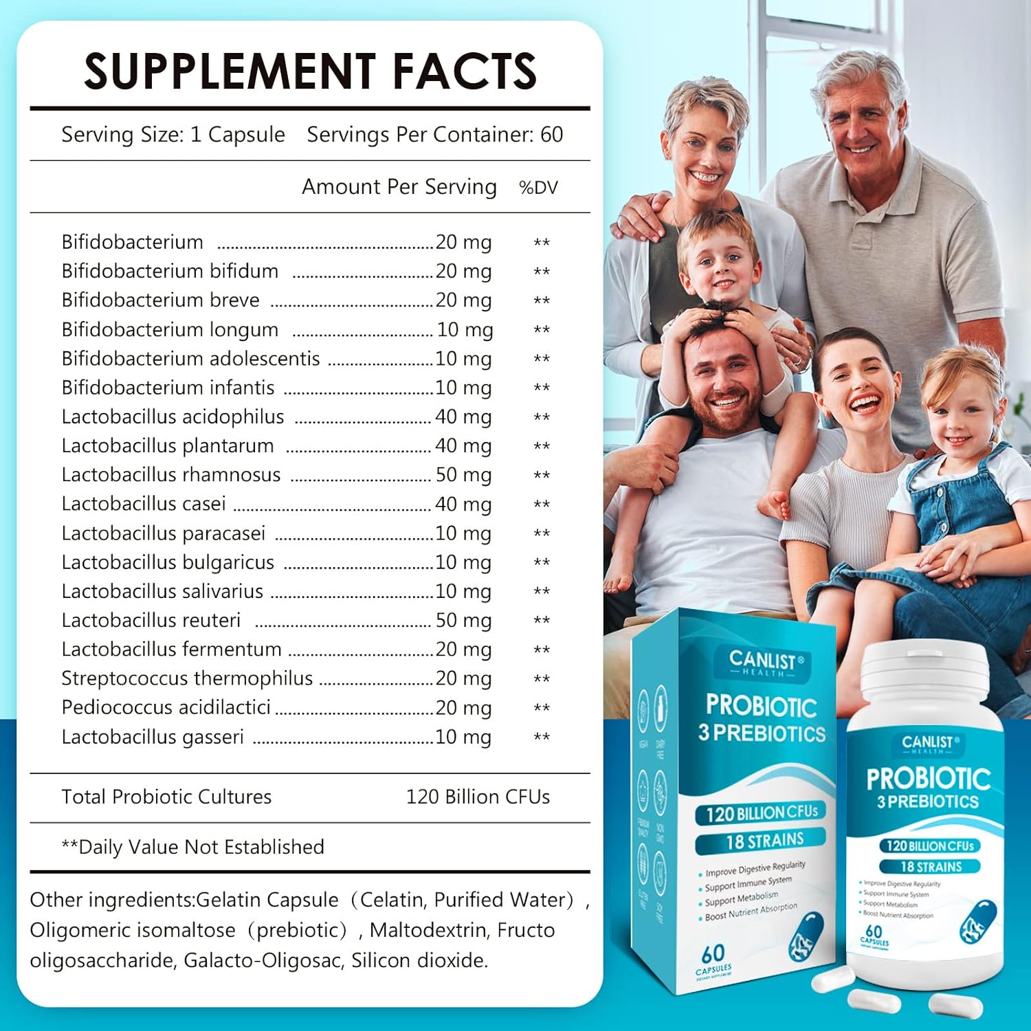 PROBIOTICOS Y PREBIOTICOS 120 BILLONES CFU 18 CEPAS 60 CAPSULAS CANLIST