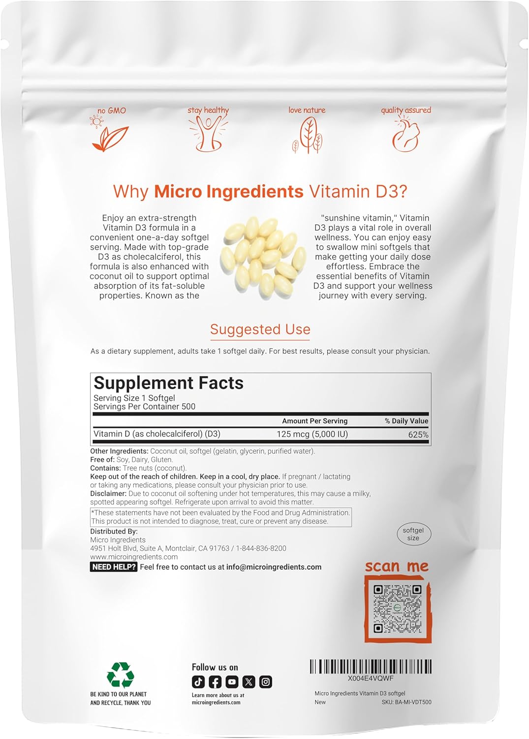 VITAMINA D3 5000 IU MICROINGREDIENTS 500 CAPSULAS CON ACEITE DE COCO NO GMO