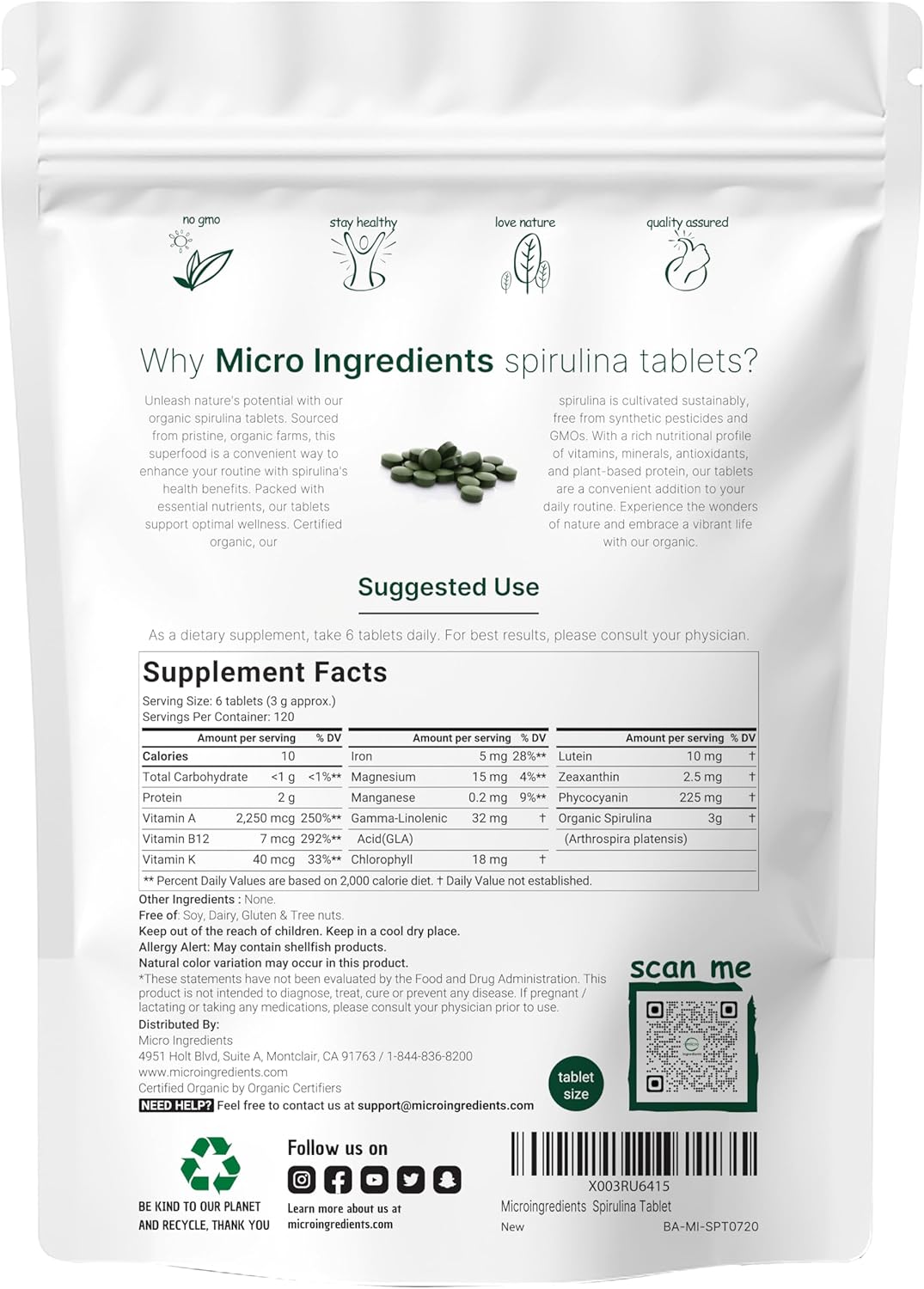 ESPIRULINA ALGAS ORGANICAS MICROINGREDIENTS 3000 MG 720 TABLETAS