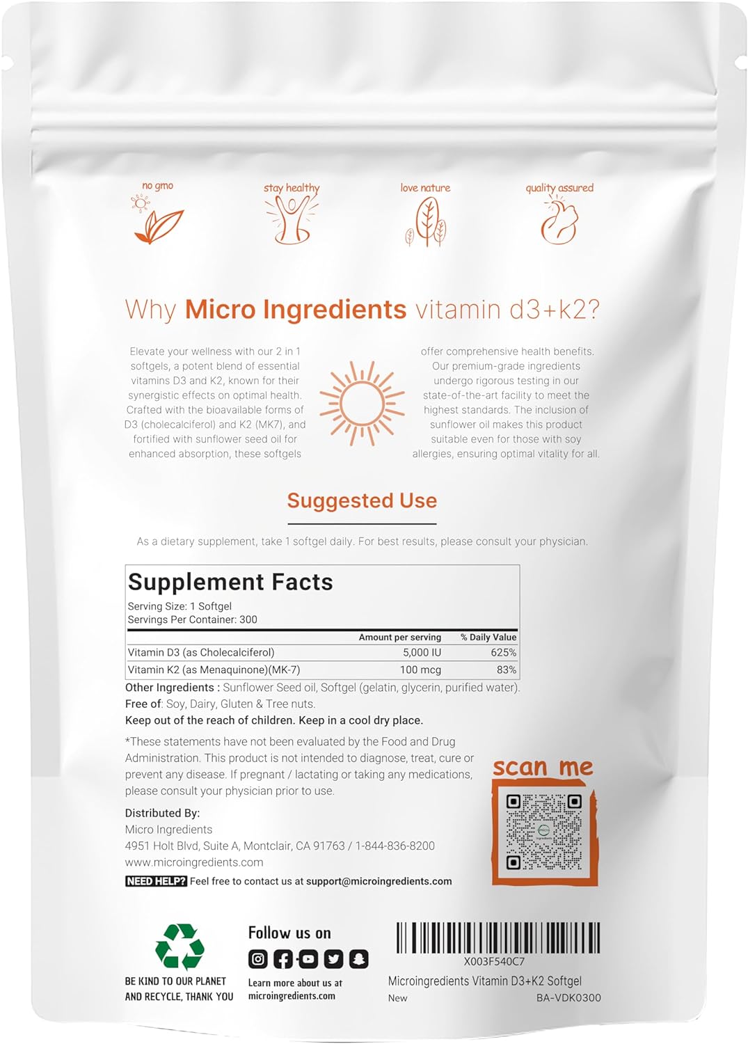 VITAMINA D3 K2 5,000 IU 300 CAPSULAS BLANDAS MICROINGREDIENTS