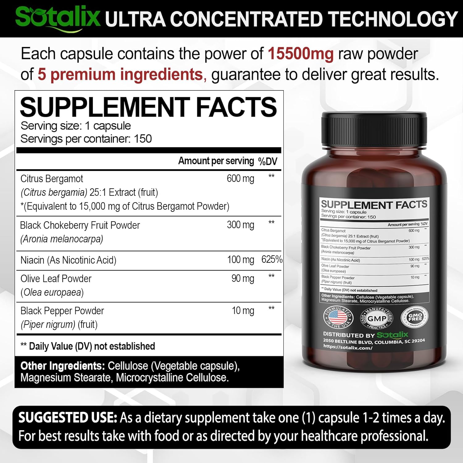 BERGAMOTA CITRUS 15,500 MG CON NIACINA 150 CAPSULAS SIN GMO SOTALIX