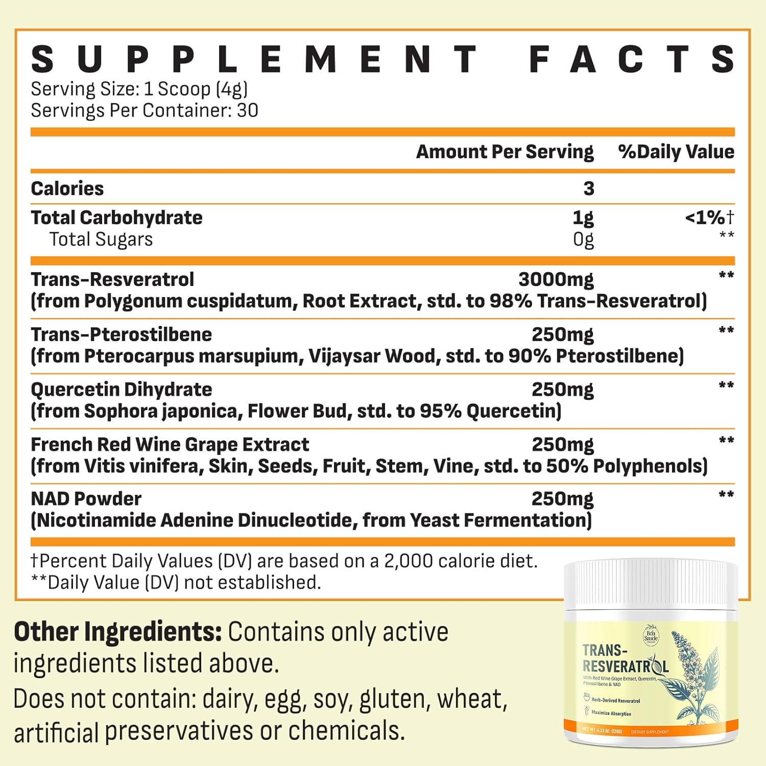 TRANS-RESVERATROL 4000 MG BOA SAUDE 120 GRAMOS NO GMO VEGANO