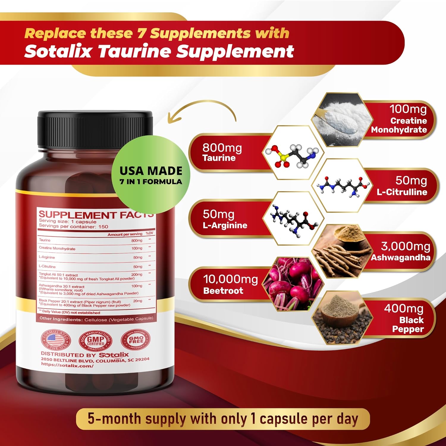 TAURINA CON CREATINA L ARGININA L CITRULINA 14,400 MG 150 CAPSULAS SIN GMO SOTALIX