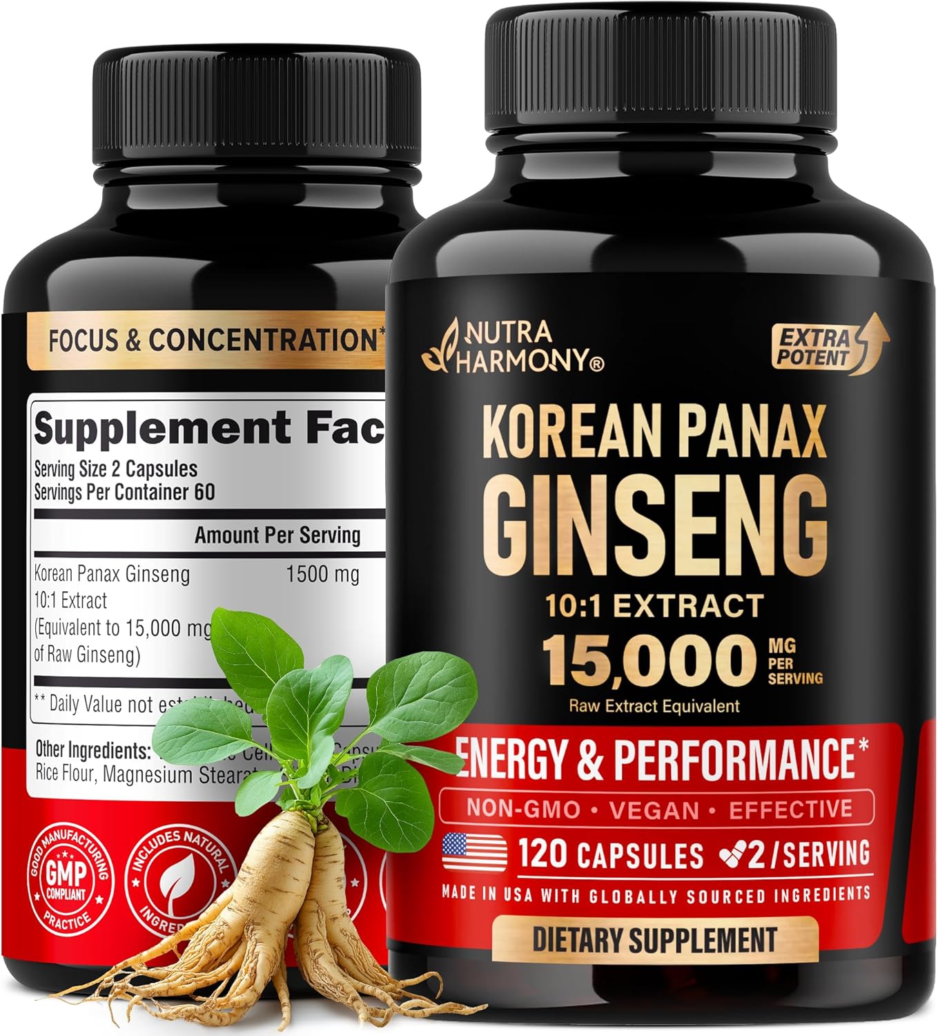 GINSENG 15000 MG 120 CAPSULAS VEGANO NO GMO NUTRA HARMONY