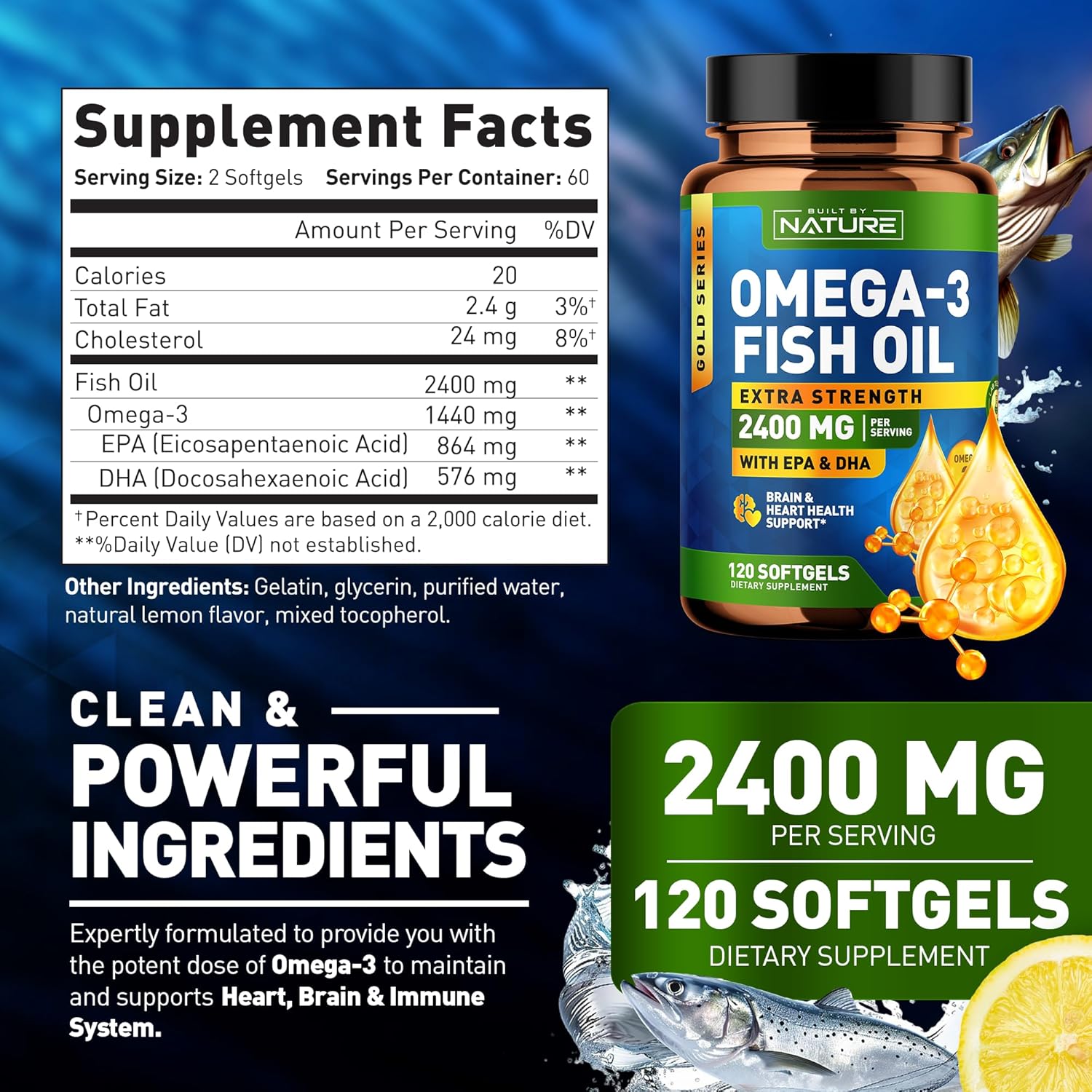OMEGA 3 FISH OIL 2400 MG 120 CAPSULAS BLANDAS BUILT BY NATURE NO GMO