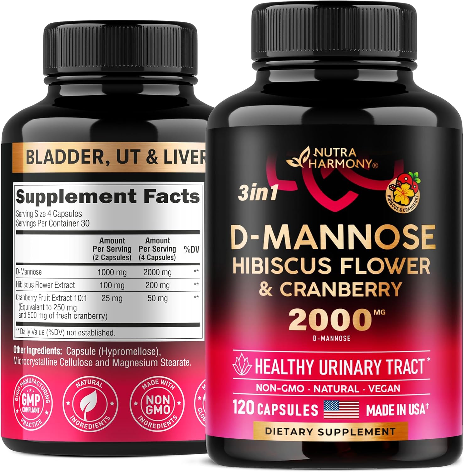 D MANNOSA 3 EN 1 CON HIBISCO Y ARÁNDANO 2000 MG 120 CAPSULAS NO GMO NUTRA HARMONY