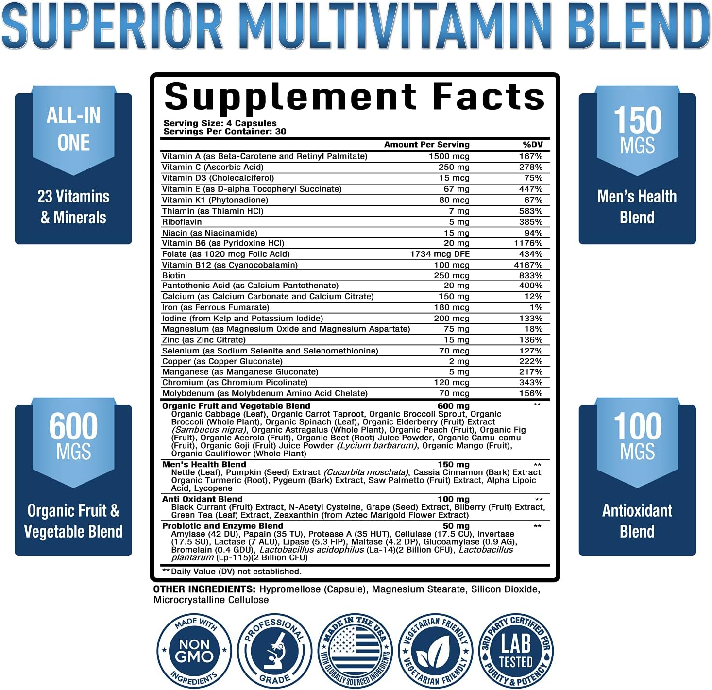 MULTIVITAMINAS PARA HOMBRES CON PROBIÓTICOS Y ENZIMAS 4,636 MCG 120 CÁPSULAS 100% NATURAL PURELY OPTIMAL
