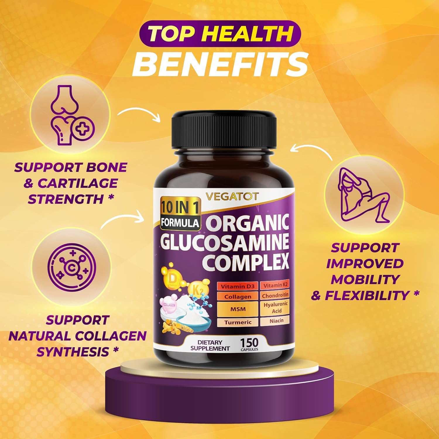 GLUCOSAMINA CON COLÁGENO CONDROITINA MSM ÁCIDO HIALURÓNICO 11,209 MG 150 CÁPSULAS VEGANO GLUCOSAMINE COMPLEX VEGATOT