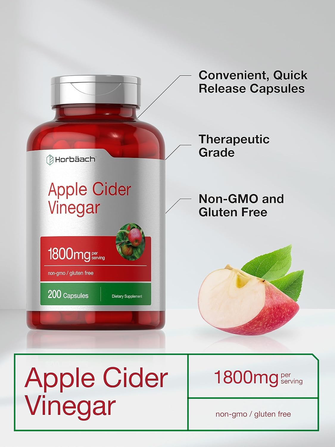 ACV VINAGRE DE SIDRA MANZANA HORBAACH 1800 MG 200 CÁPSULAS NO GMO APPLE CIDER VINEGAR