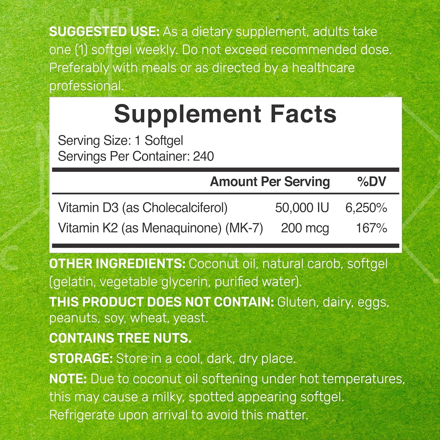 VITAMINA D3 K2 CON ACEITE DE COCO DEAL 50000IU 200 MCG 240 CÁPSULAS BLANDAS NO GMO DEAL COCONUT OIL