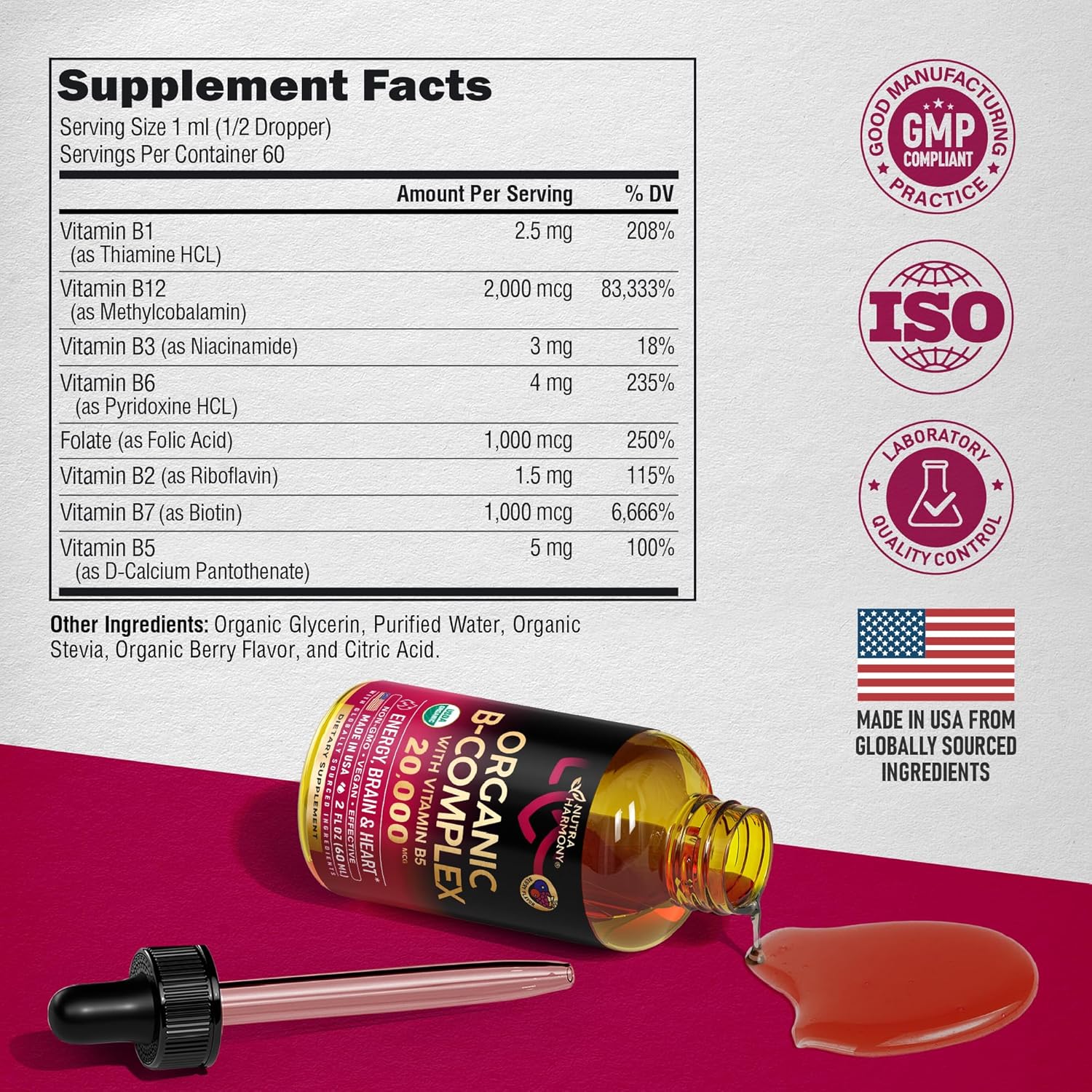 VITAMINA B COMPLEX 8 EN 1 20,000 MCG 60 ML NO GMO NUTRA HARMONY VITAMINA B