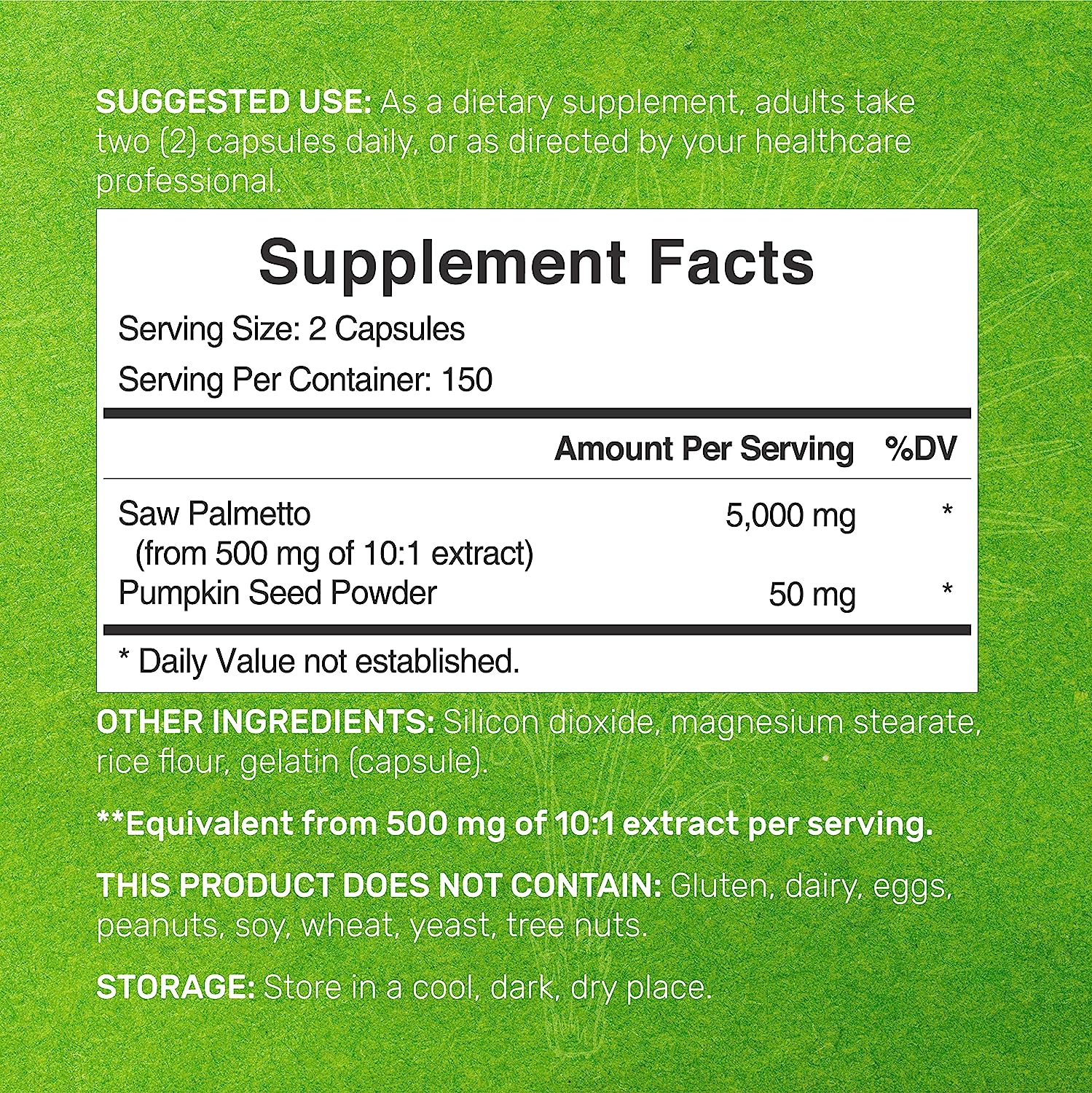 SAW PALMETTO 5000 MG CON SEMILLA DE CALABAZA 50 MG 300 CAPSULAS SIN GMO DEAL