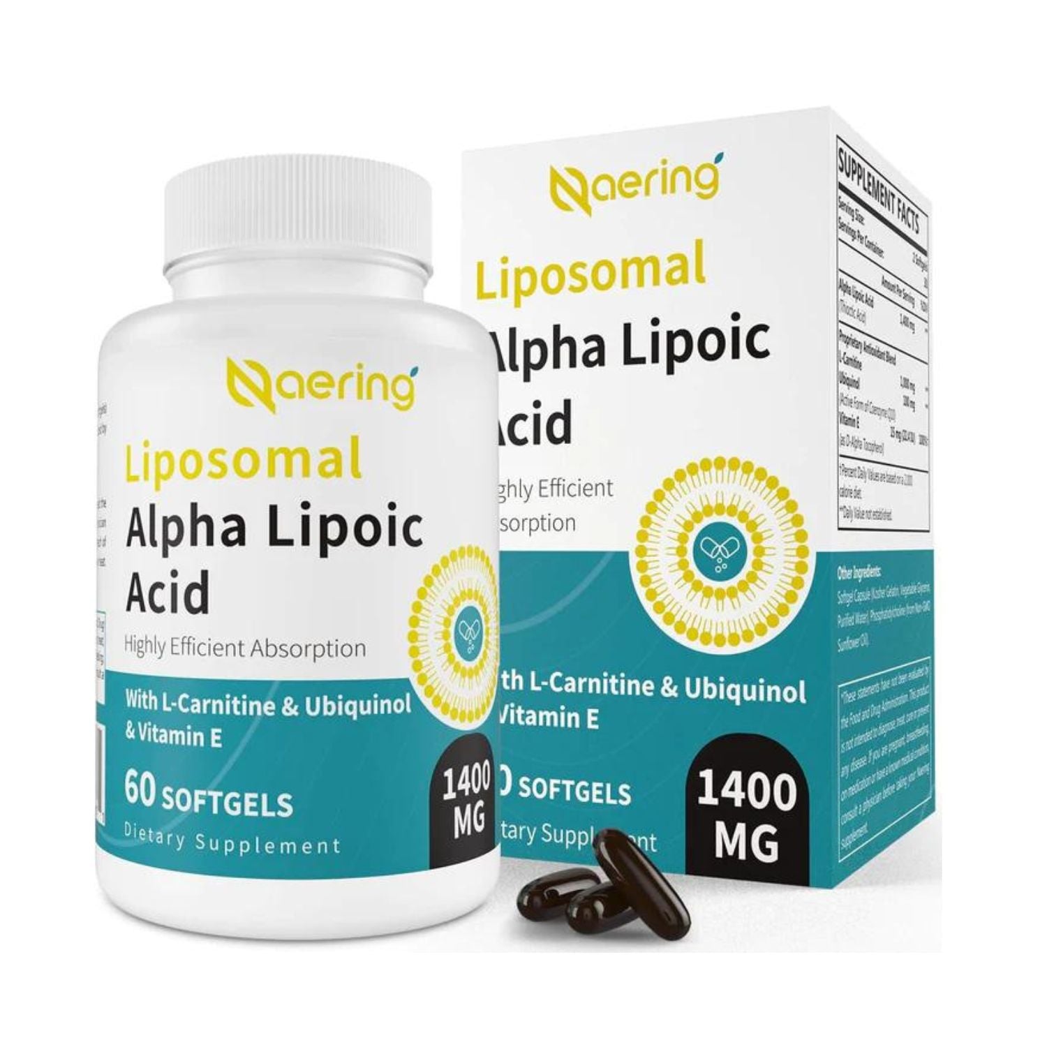 ACIDO ALFA LIPOICO LIPOSOMAL 1400 MG CON L CARTININE 1000 MG Y UBIQUINOL 100 MG 60 CAPSULAS BLANDAS SIN GMO NAERING
