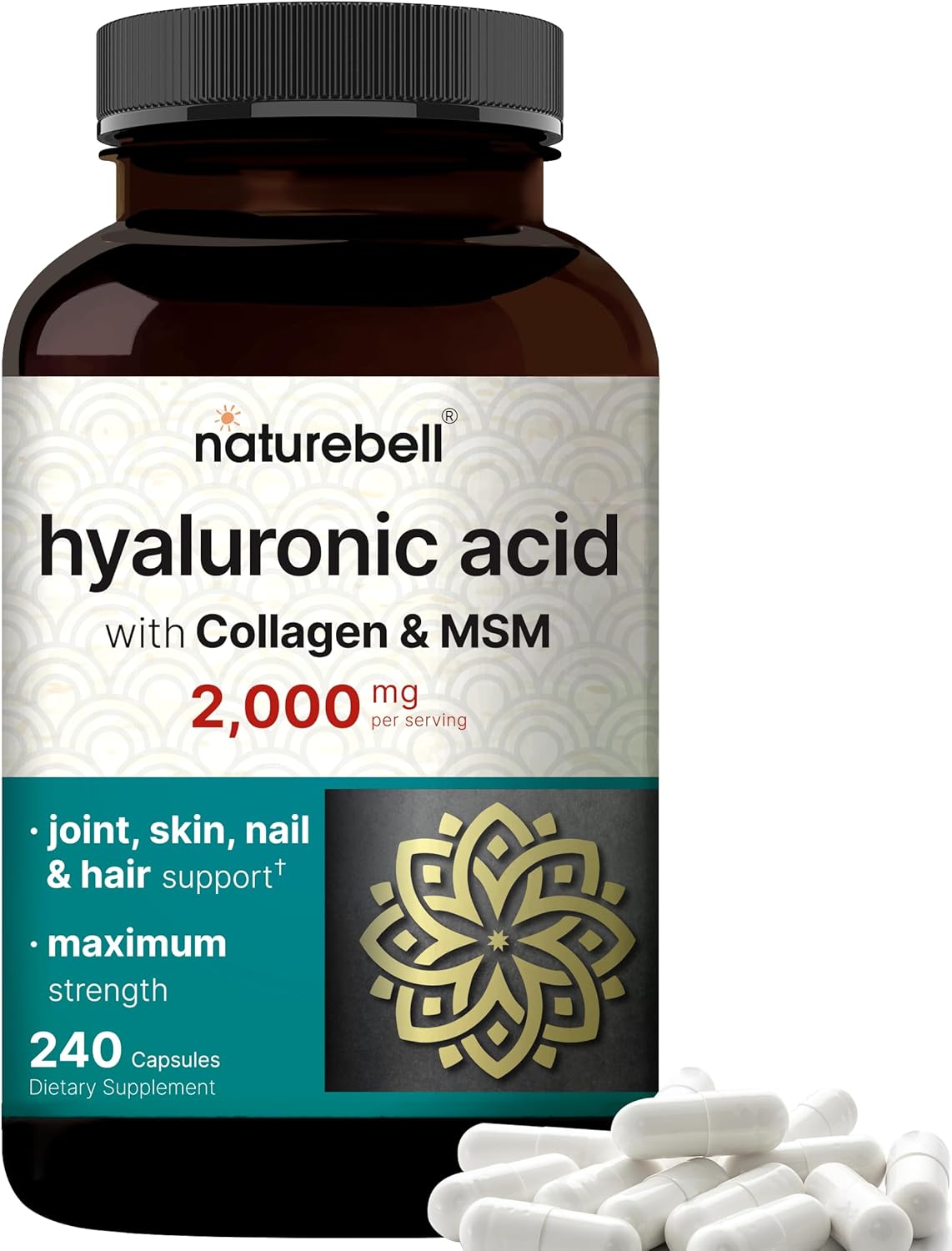 ÁCIDO HIALURONICO 2000 MG HYALURONIC ACID CON MULTICOLÁGENO Y MSM 240 CAPSULAS SIN GMO NATUREBELL