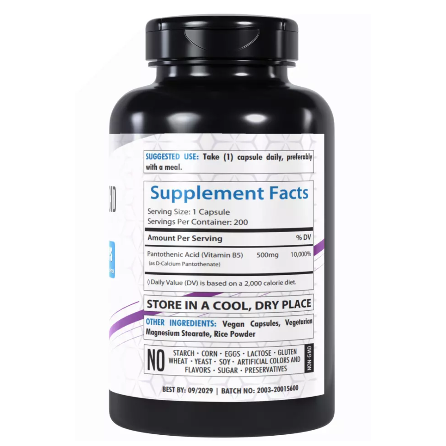 ACIDO PANTOTENICO 500 MG HEALTHFARE 200 CAPSULAS VEGANO NO GMO PANTOTHENIC ACID