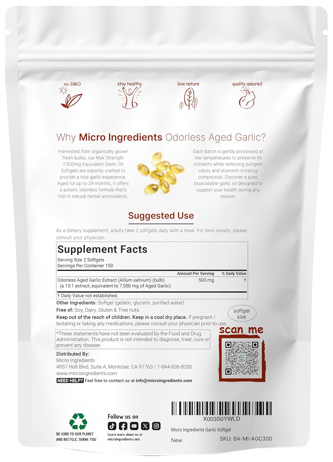AGED GARLIC AJO SIN OLOR MICROINGREDIENTS 7,500 MG 300 CAPSULAS BLANDAS SIN GMO
