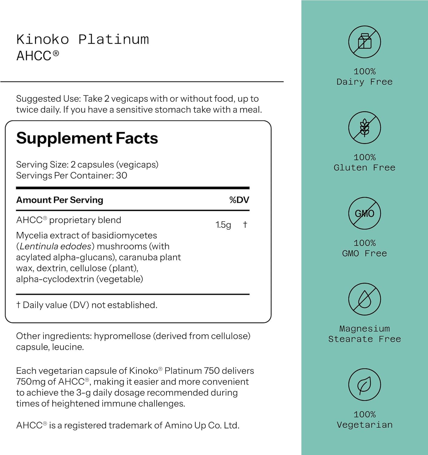 AHCC CON ACYLATED ALPHA-GLUCANS 1,500 MG QUALITY OF LIFE 60 CÁPSULAS NO GMO VEGANO
