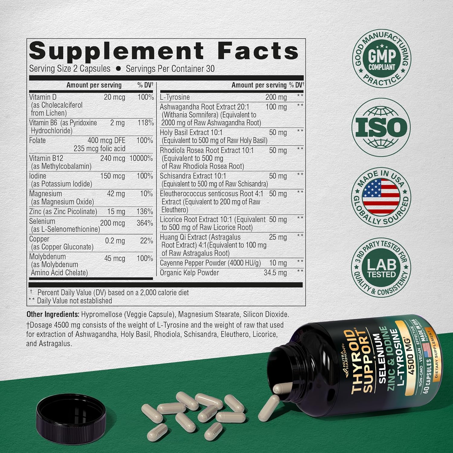 APOYO TIROIDES 4500 MG NUTRA HARMONY 60 CAPSULAS NO GMO VEGANO HYROID SUPPORT