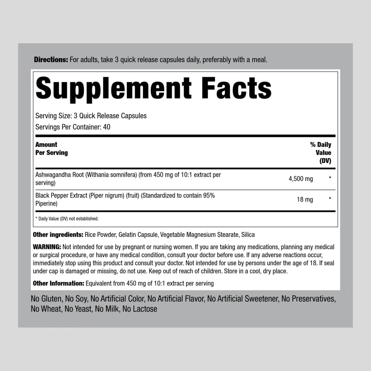 ASHWAGANDHA 4500 MG 120 CAPSULAS NO GMO PIPINGROCK