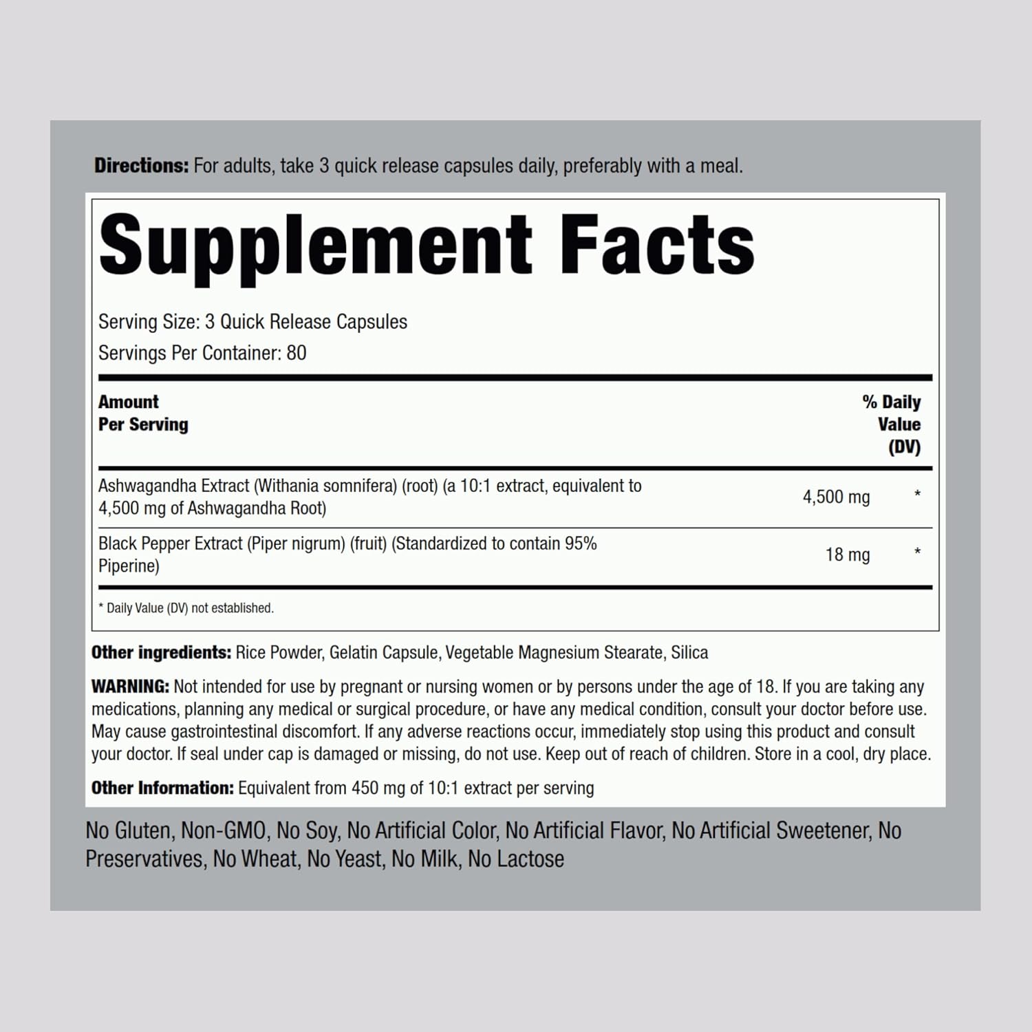 ASHWAGANDHA 4500 MG 240 CAPSULAS NO OMG PIPING ROCK